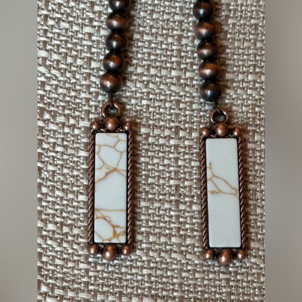 Copper Tone Rectangle Bar Earrings With White Stone NWOT